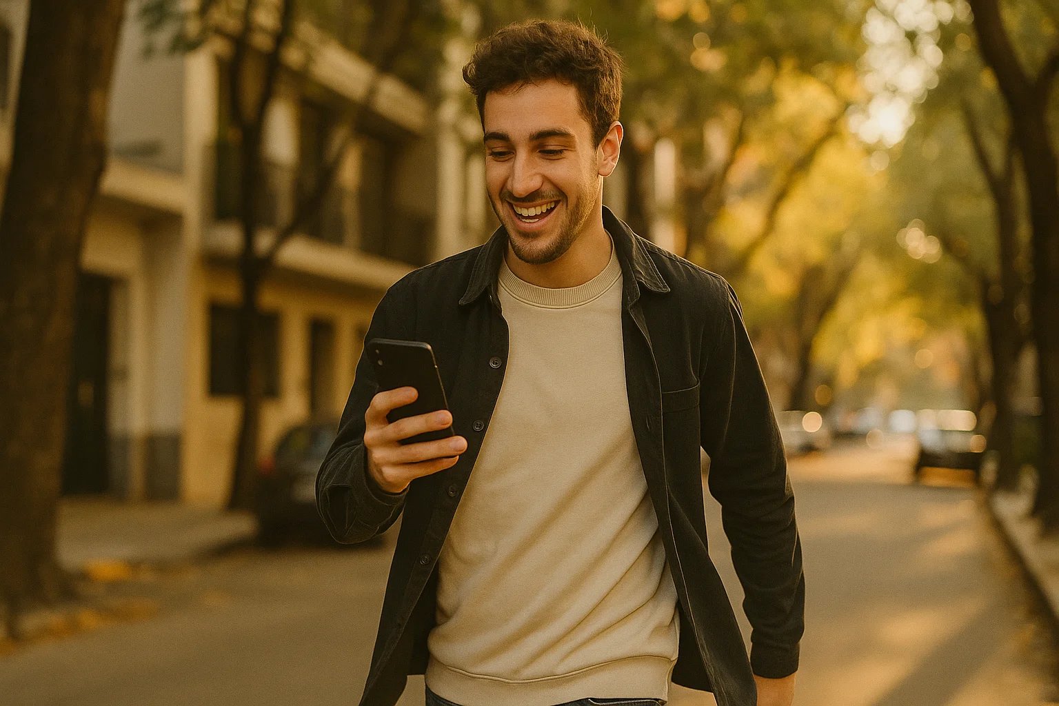 Joven caminando con celular